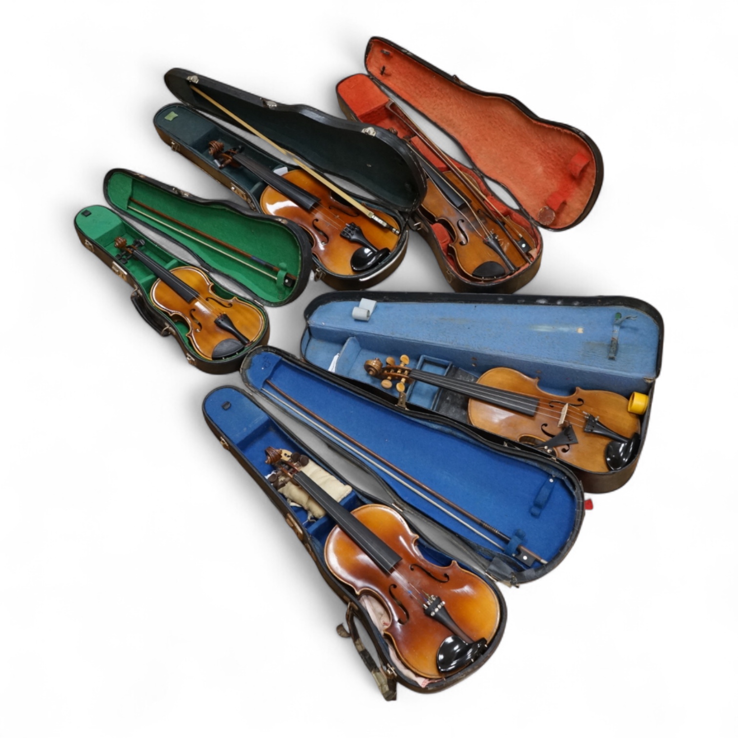 Five cased 20th century violins, including; a German violin, two Czech violins, a three-quarter size violin with a label for Bienfait, and a Romanian quarter size violin, all in cases or the remains of cases.